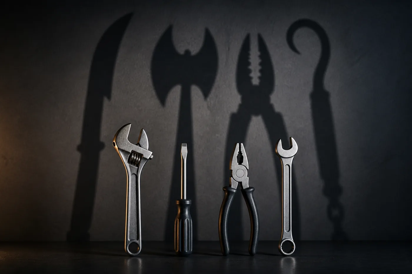 A row of ordinary chrome hand tools whose shadows on the wall behind them are shaped like blades, an axe and a hook