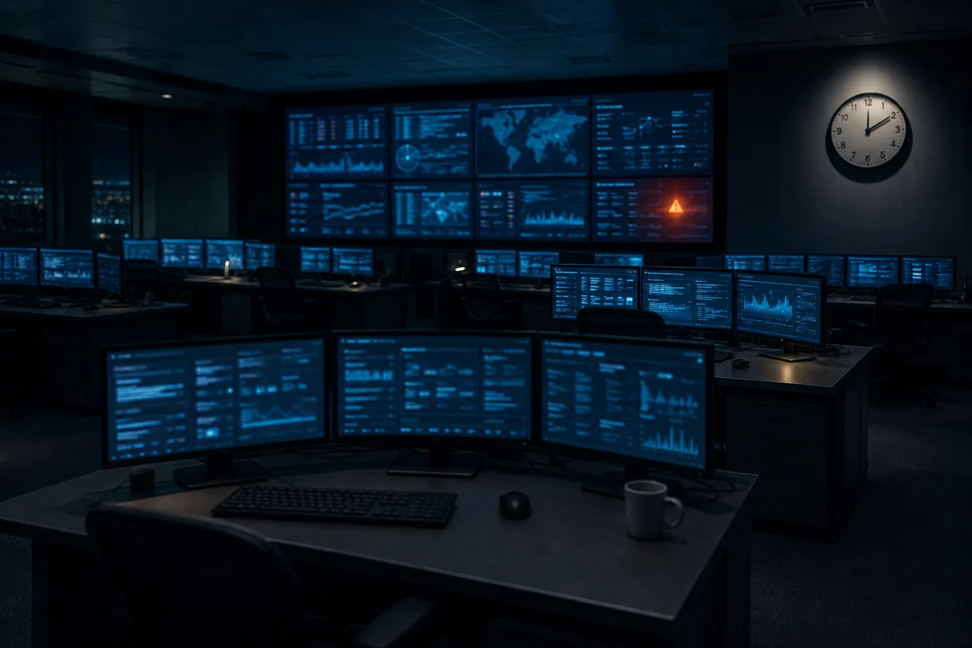 An empty security operations centre at night, desks unoccupied, monitors glowing with dashboards, wall clock reading close to two o'clock