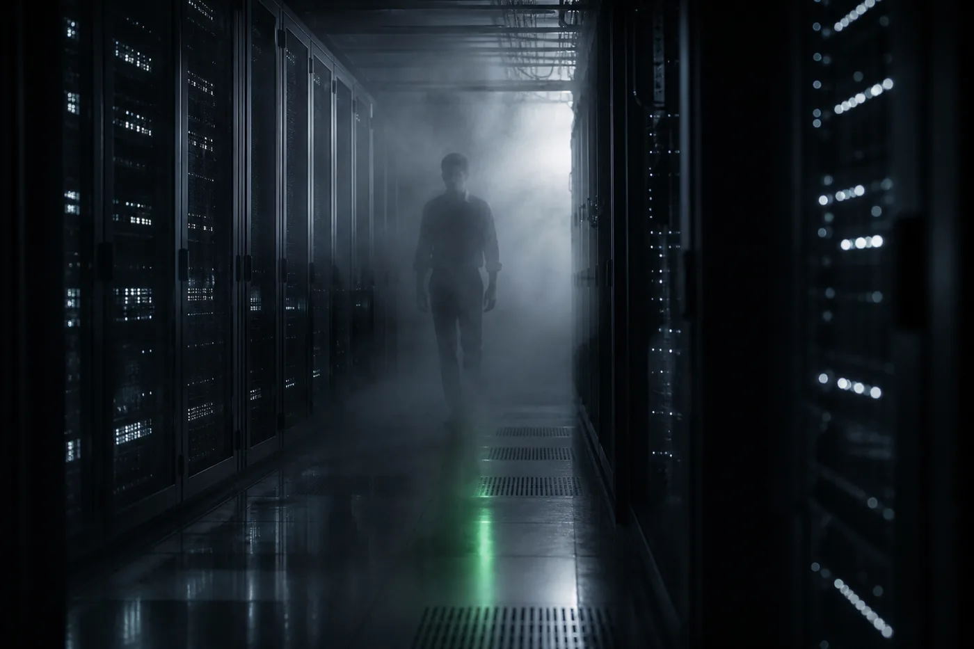 A lone figure walking through a fog-filled data centre aisle, partly dissolved into the mist so it is unclear whether they belong there