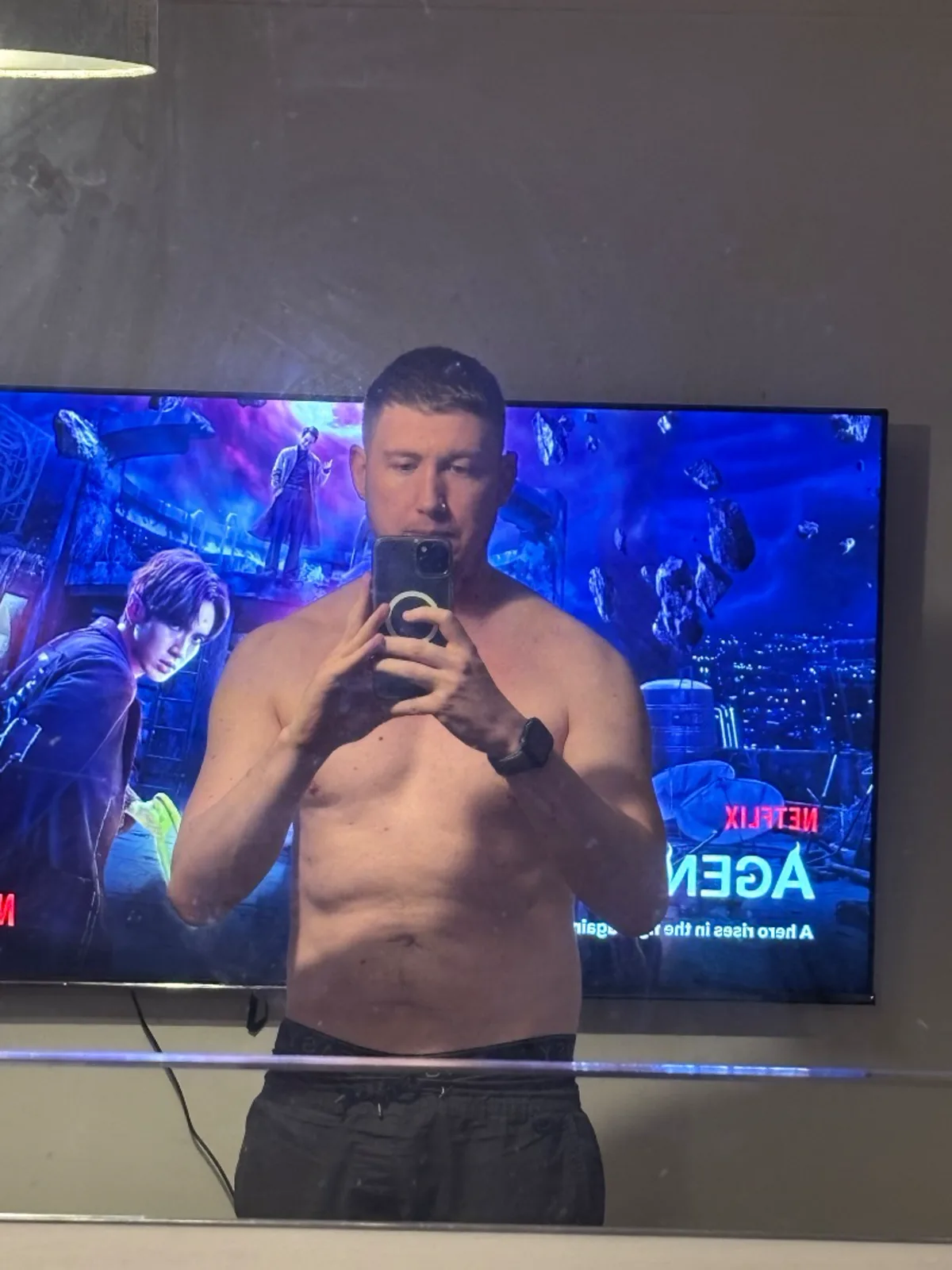 Progress photo 1: mirror selfie at home with the TV behind