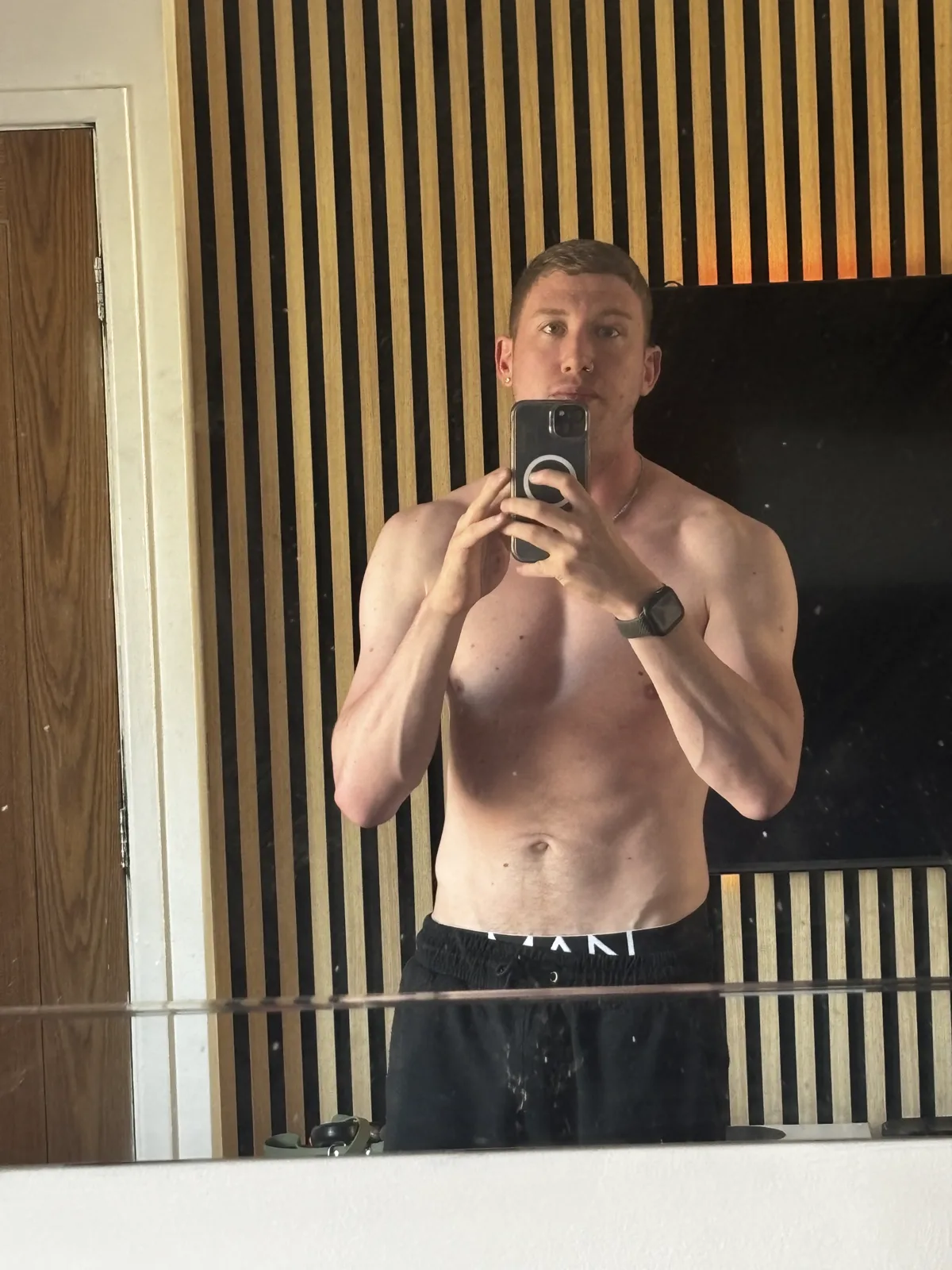 Progress photo 5: close mirror selfie against wood slat panelling