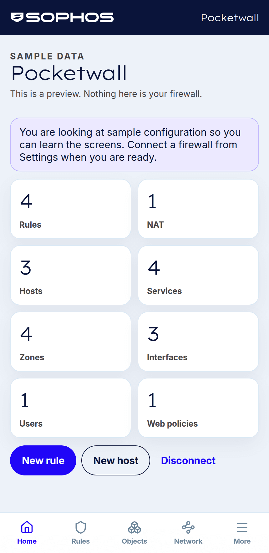 Pocketwall home screen on sample data. The Sophos header sits above counts of 4 rules, 1 NAT rule, 3 hosts, 4 services, 4 zones, 3 interfaces, 1 user, and 1 web policy, with New rule, New host, and Disconnect.